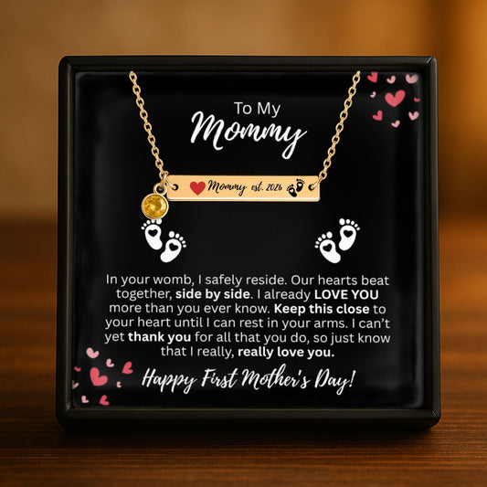 To My Mommy First Mother’s Day Necklace – Personalized Bar Necklace from Baby – New Mom Gift – “Mommy est.” Custom Jewelry Keepsake with Birthstone