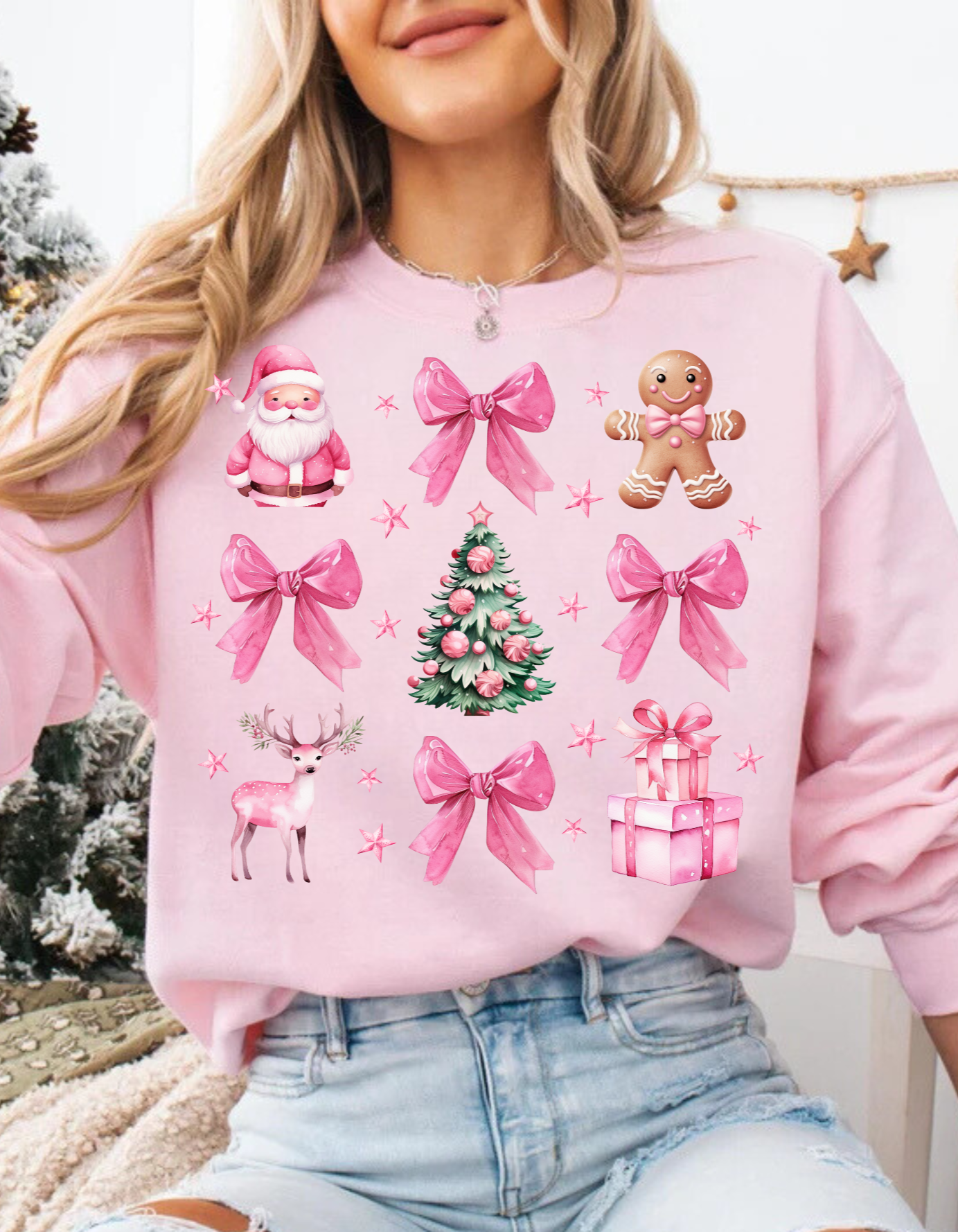 Coquette Christmas Sweatshirt | Pretty Pink Bows, Santas and Gingerbread Sweatshirt