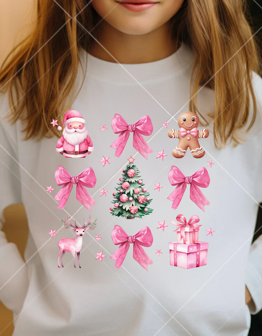 Coquette Christmas LS T-Shirt| Pretty Pink Bows, Santas and Gingerbread LS T-Shirt Youth