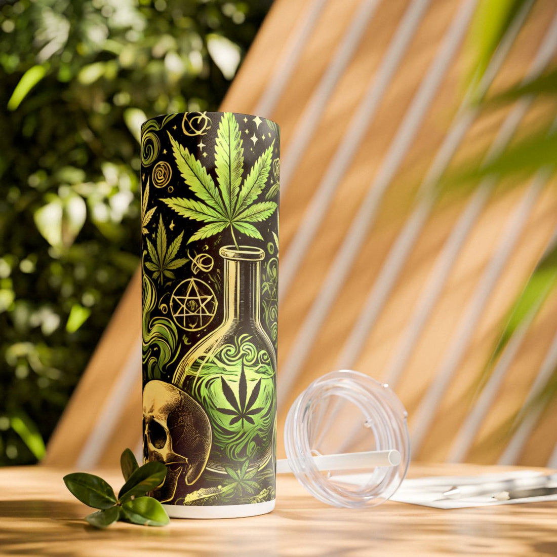 Skull & Leaf Design Stainless Steele Skinny Tumbler with Straw, 20oz