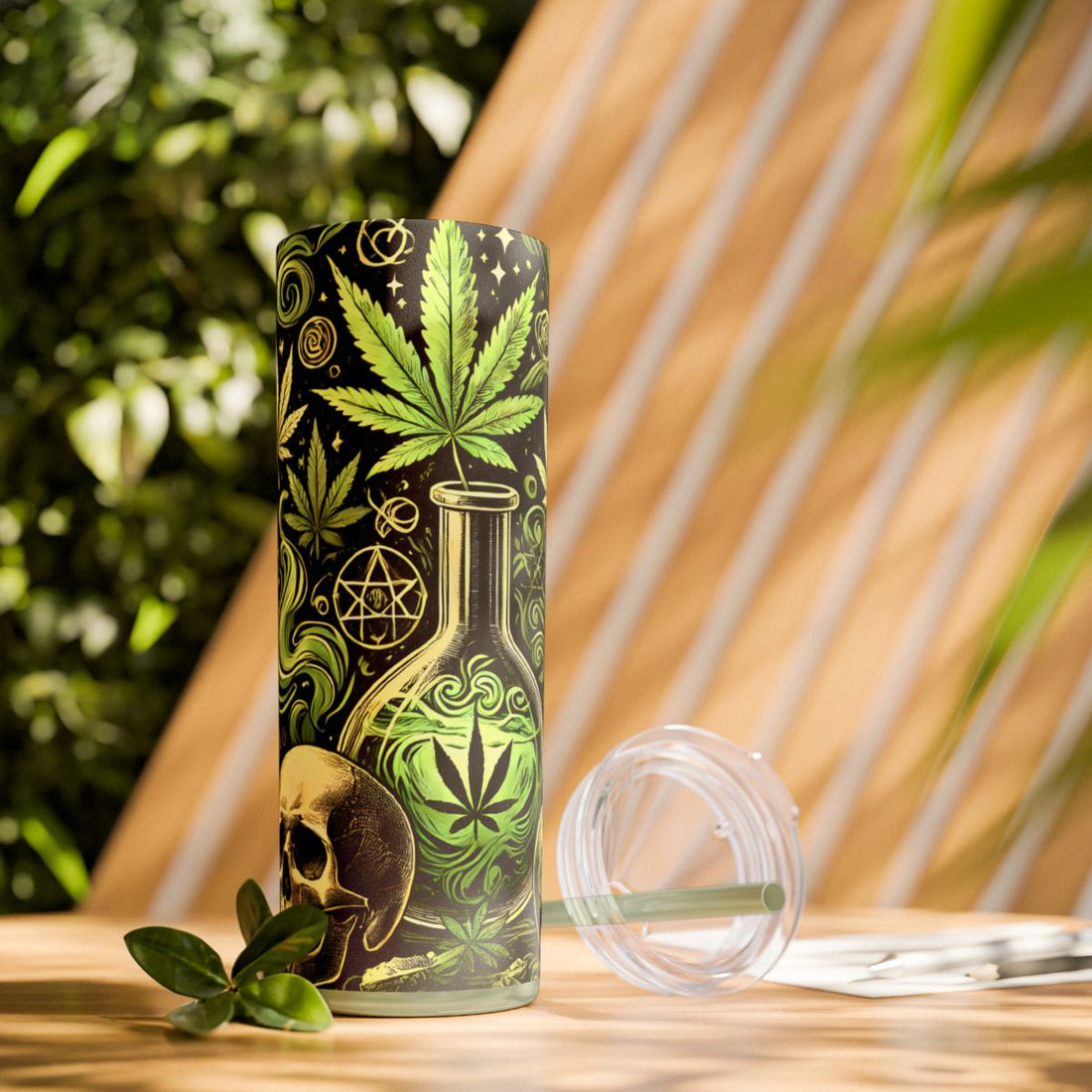 Skull & Leaf Design Stainless Steele Skinny Tumbler with Straw, 20oz