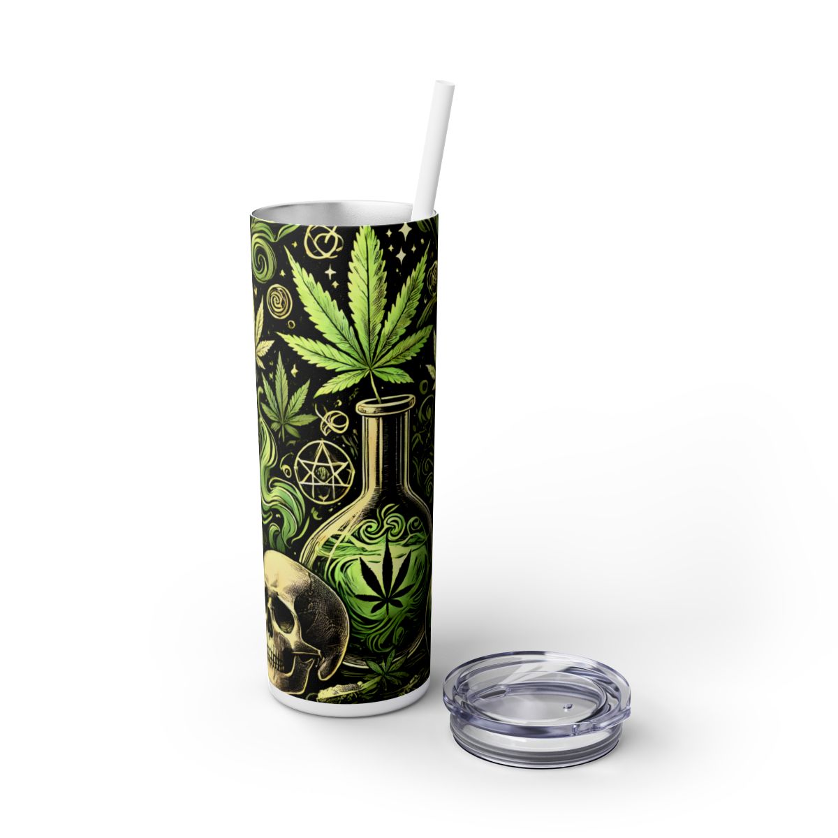 Skull & Leaf Design Stainless Steele Skinny Tumbler with Straw, 20oz