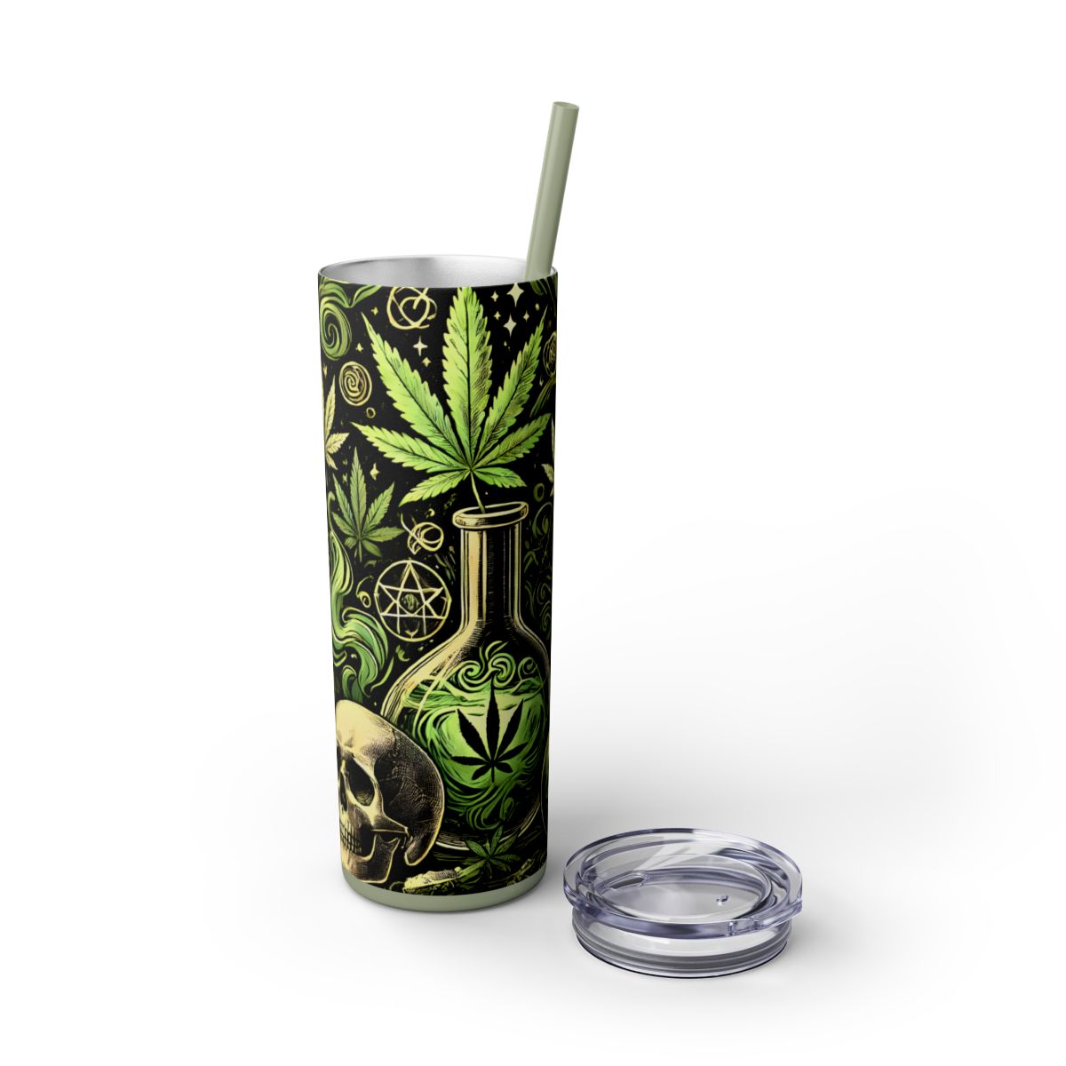 Skull & Leaf Design Stainless Steele Skinny Tumbler with Straw, 20oz