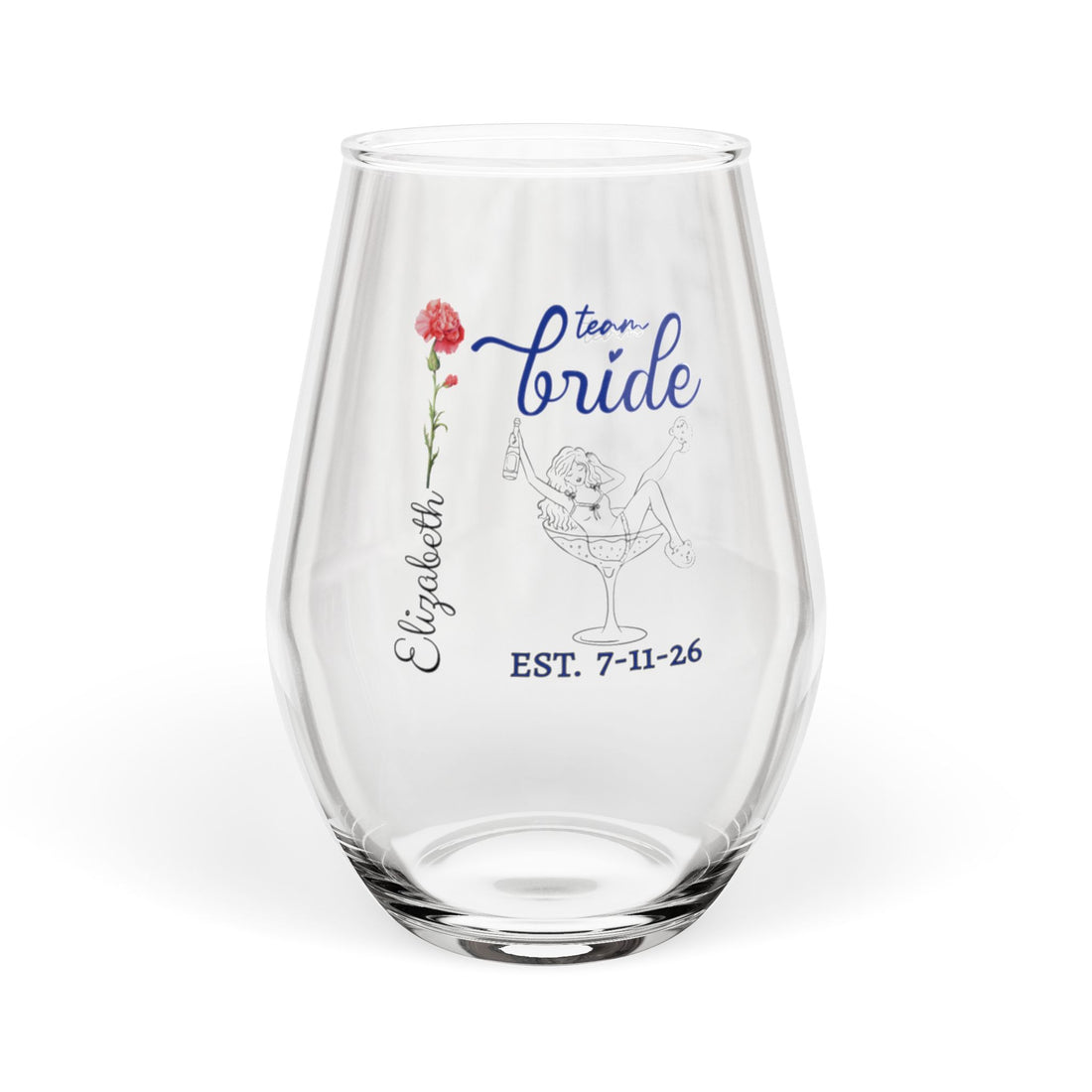 Personalized Birth Flower Team Bride Stemless Wine Glass – Custom Name & Wedding Date Stemless Wine Glass, 11.75oz