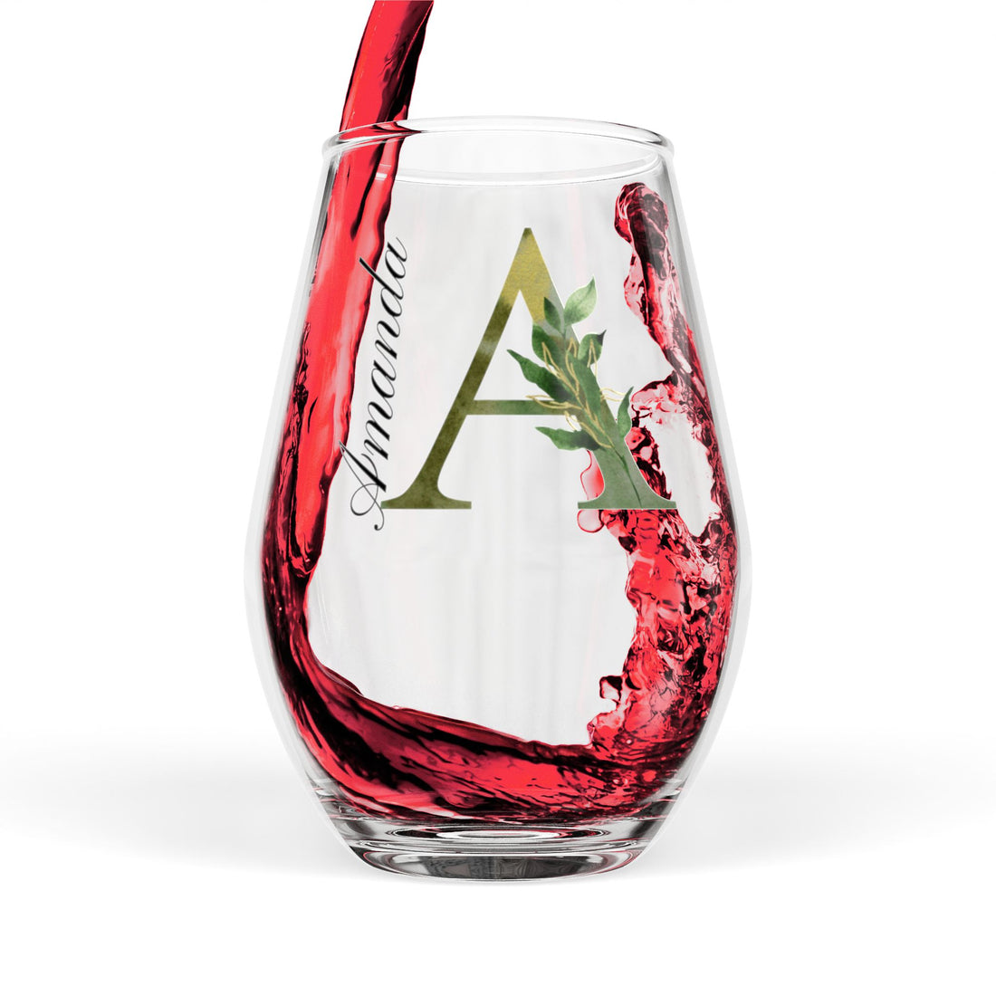 Personalized Botanical Monogram Stemless Wine Glass – Custom Name and Initial