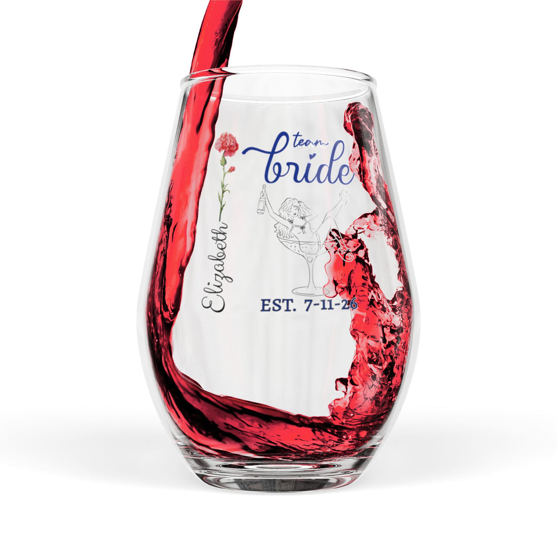 Personalized Birth Flower Team Bride Stemless Wine Glass – Custom Name & Wedding Date Stemless Wine Glass, 11.75oz