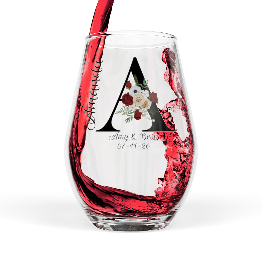 Personalized Wedding Wine Glass – Floral Monogram, Names & Date, Stemmed or Stemless 11.75oz