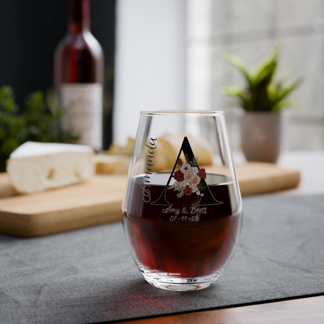 Personalized Wedding Wine Glass – Floral Monogram, Names & Date, Stemmed or Stemless 11.75oz