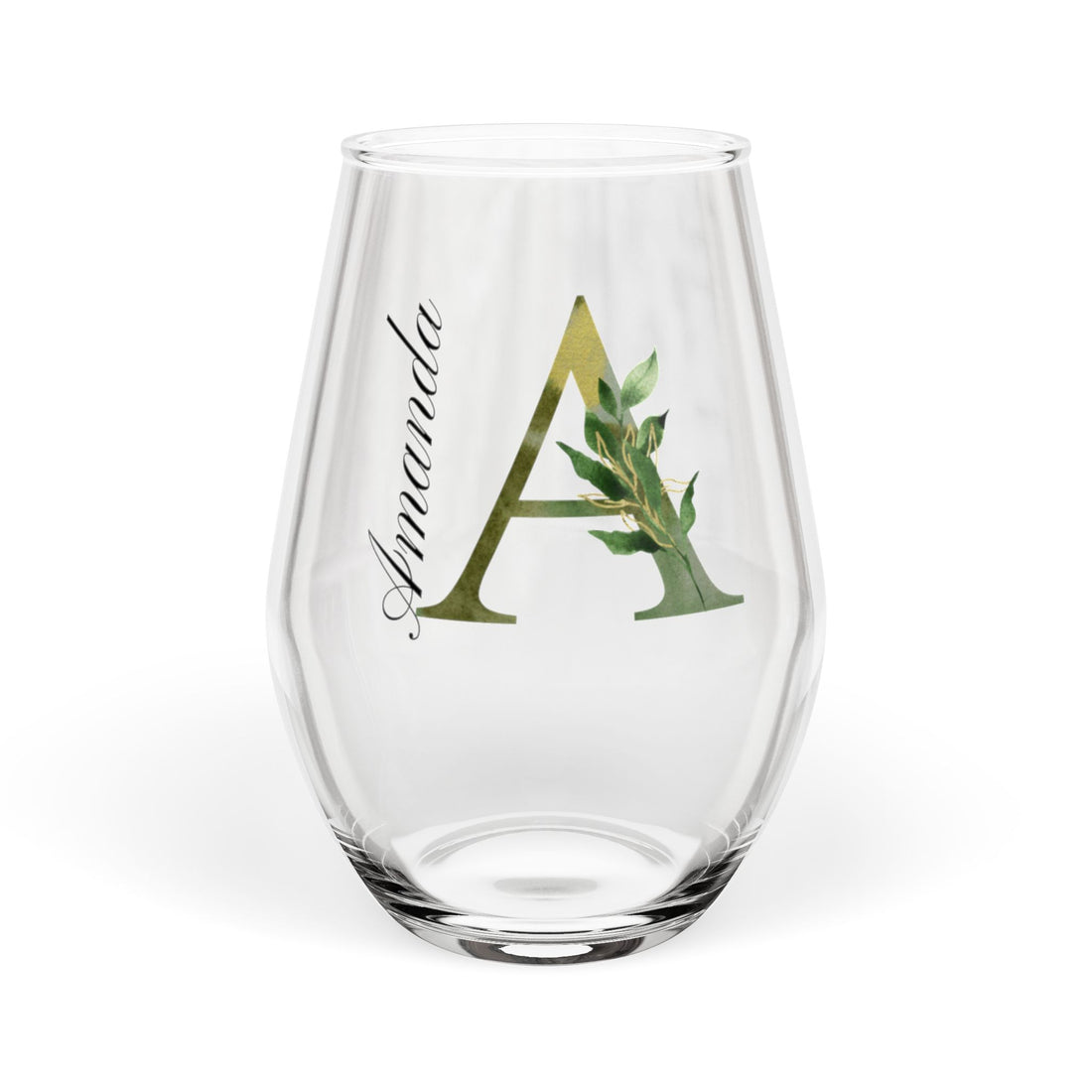 Personalized Botanical Monogram Stemless Wine Glass – Custom Name and Initial