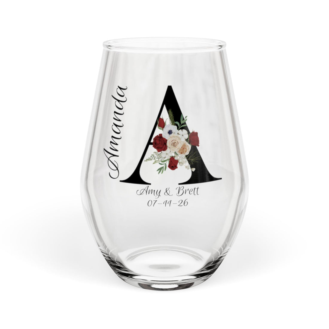 Personalized Wedding Wine Glass – Floral Monogram, Names & Date, Stemmed or Stemless 11.75oz