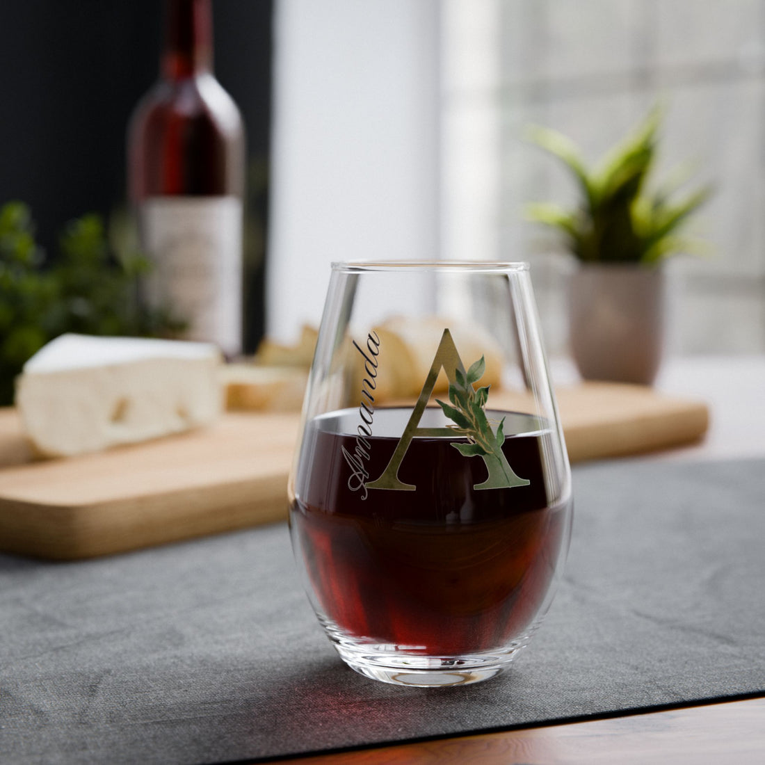 Personalized Botanical Monogram Stemless Wine Glass – Custom Name and Initial