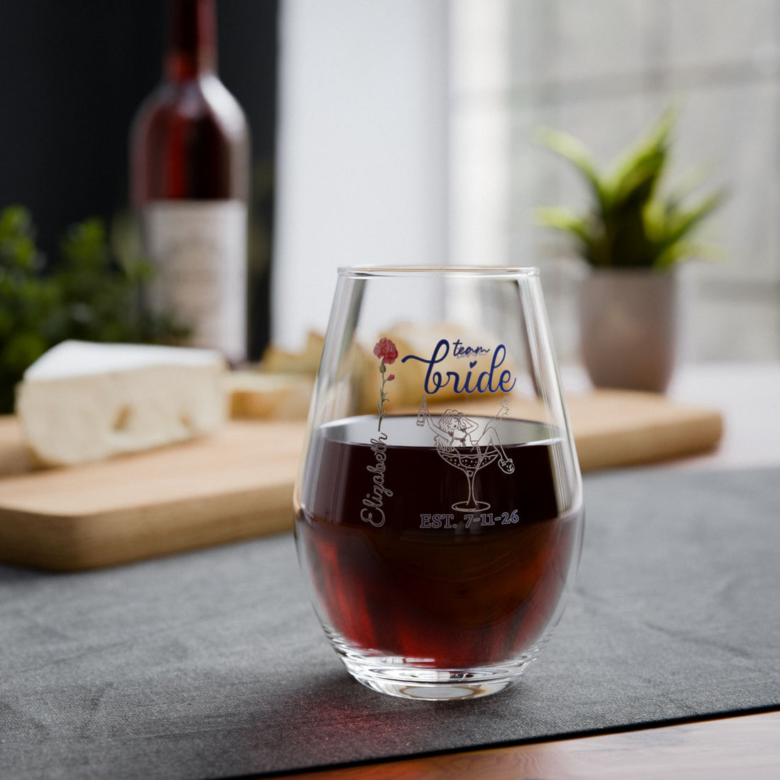 Personalized Birth Flower Team Bride Stemless Wine Glass – Custom Name & Wedding Date Stemless Wine Glass, 11.75oz