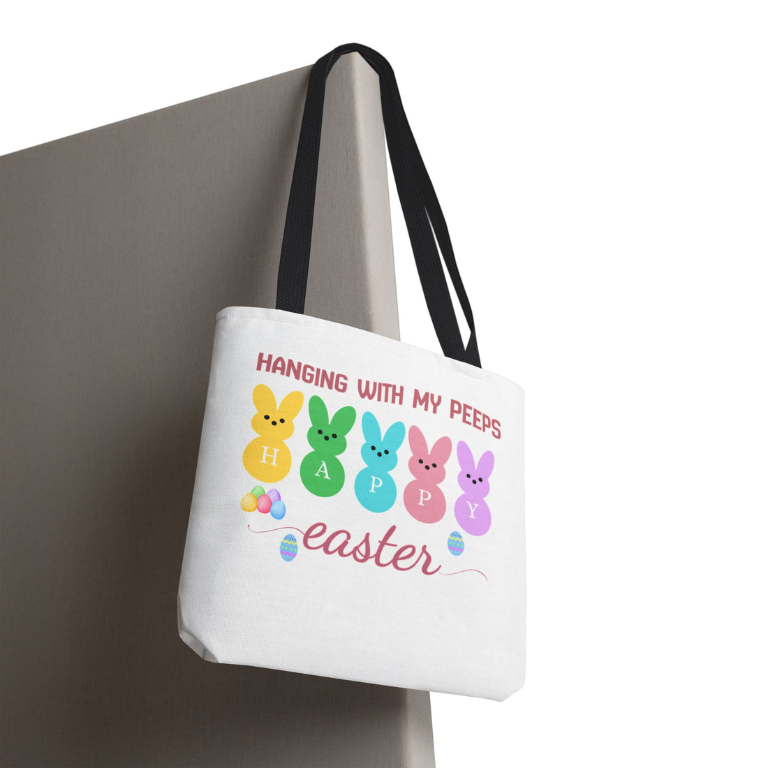 Easter Tote Bag, Hanging with My Peeps Print, Cute Bunny Design, Spring Gift Tote, Colorful Handle Options, Easter Egg Hunt Bag