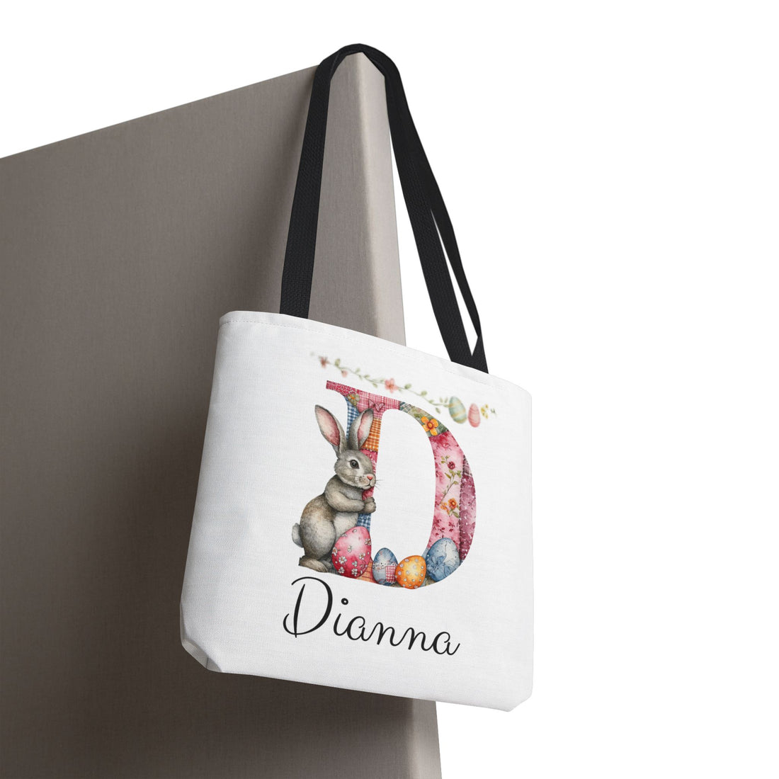 Personalized Easter Bunny Tote Bag – Custom Name Egg Hunt Bag – Patchwork Monogram Bunny Easter Basket Alternative