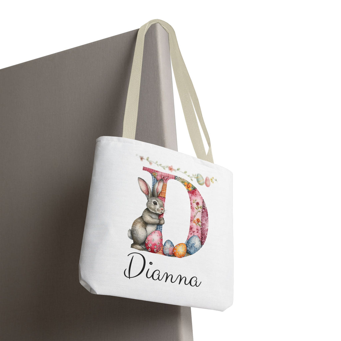 Personalized Easter Bunny Tote Bag – Custom Name Egg Hunt Bag – Patchwork Monogram Bunny Easter Basket Alternative
