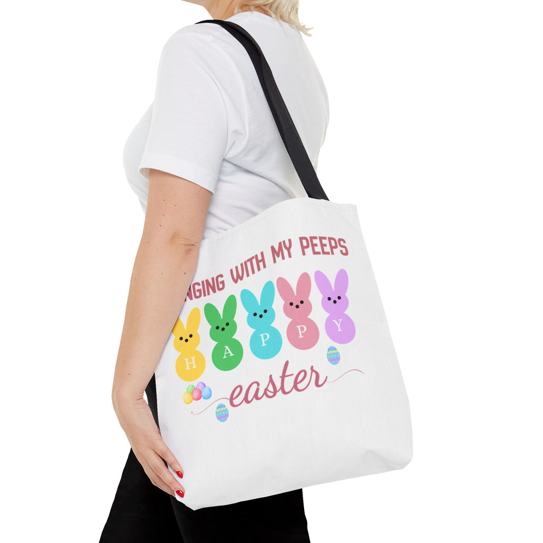 Easter Tote Bag, Hanging with My Peeps Print, Cute Bunny Design, Spring Gift Tote, Colorful Handle Options, Easter Egg Hunt Bag