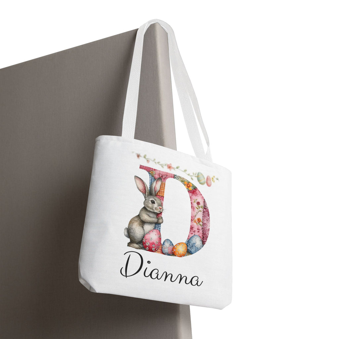 Personalized Easter Bunny Tote Bag – Custom Name Egg Hunt Bag – Patchwork Monogram Bunny Easter Basket Alternative