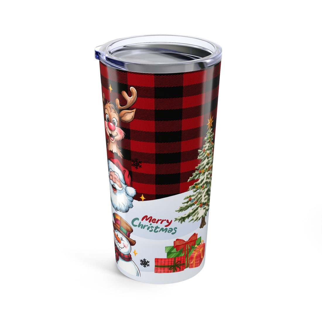 HO HO HO Christmas Tumbler 20oz • Cute Santa Reindeer Snowman Cup • Holiday Coffee Cup • Christmas Gift for Her • Buffalo Plaid Tumbler, Festive Drinkware