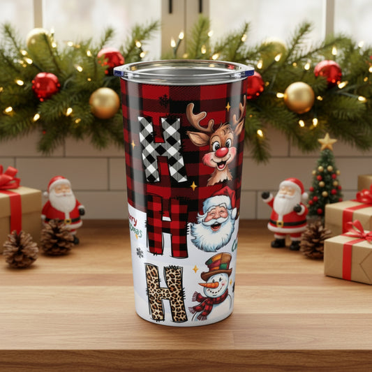 HO HO HO Christmas Tumbler 20oz • Cute Santa Reindeer Snowman Cup • Holiday Coffee Cup • Christmas Gift for Her • Buffalo Plaid Tumbler, Festive Drinkware