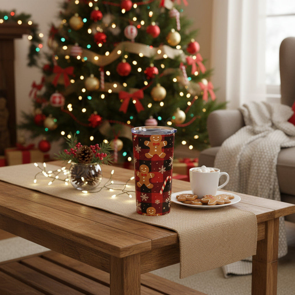 Christmas Plaid Tumbler, Gingerbread Man Insulated Tumbler, Holiday Drinkware Gift, 20oz Stainless Steel, Festive Design