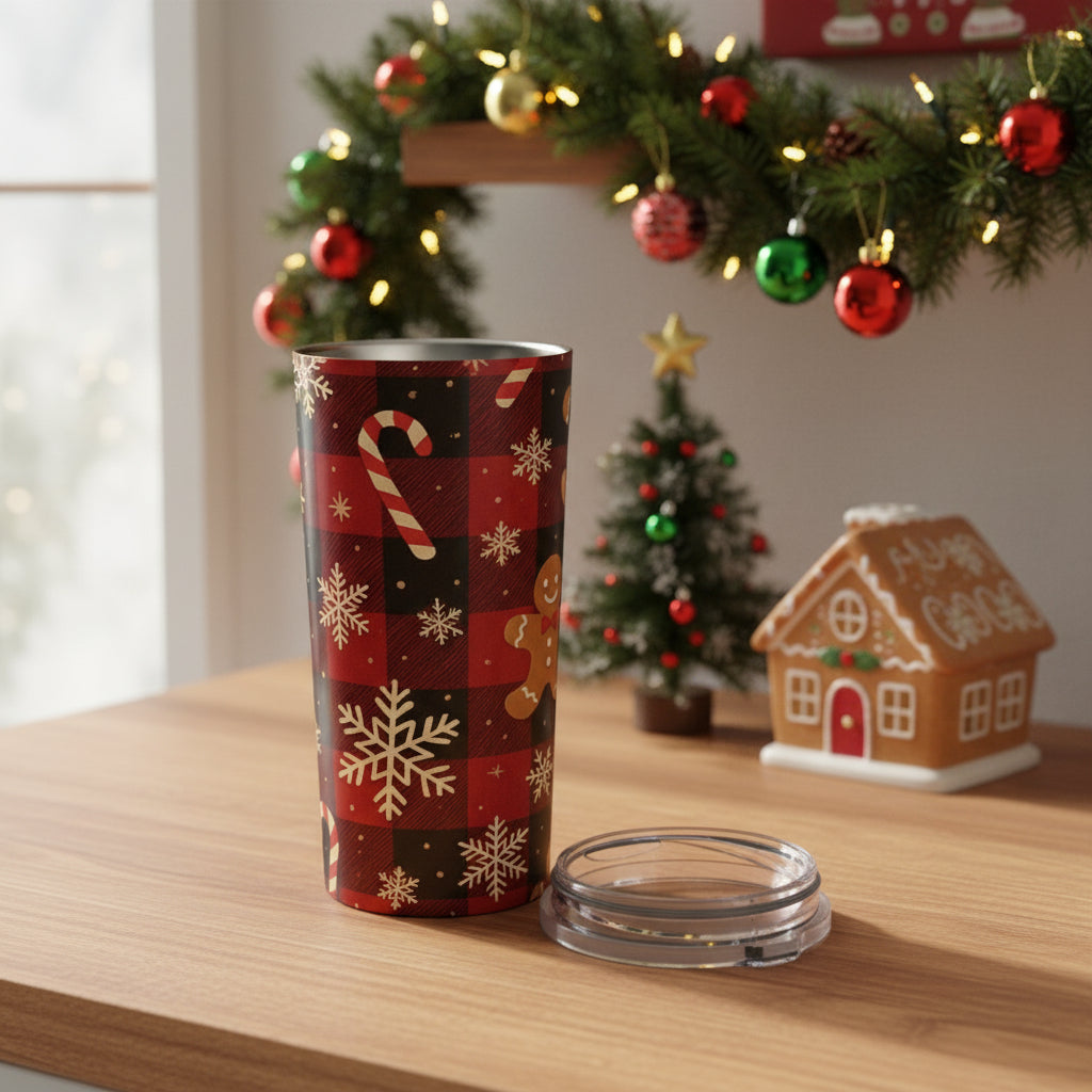 Christmas Plaid Tumbler, Gingerbread Man Insulated Tumbler, Holiday Drinkware Gift, 20oz Stainless Steel, Festive Design