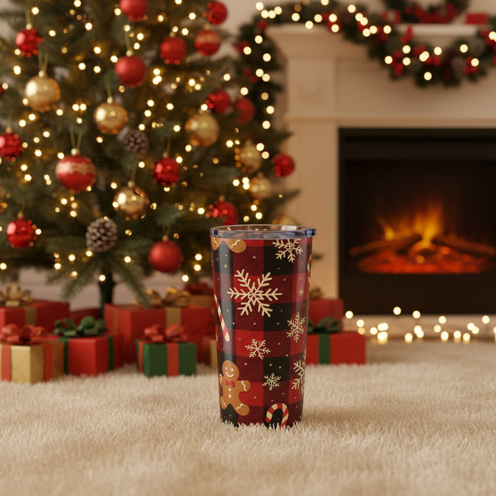 Christmas Plaid Tumbler, Gingerbread Man Insulated Tumbler, Holiday Drinkware Gift, 20oz Stainless Steel, Festive Design