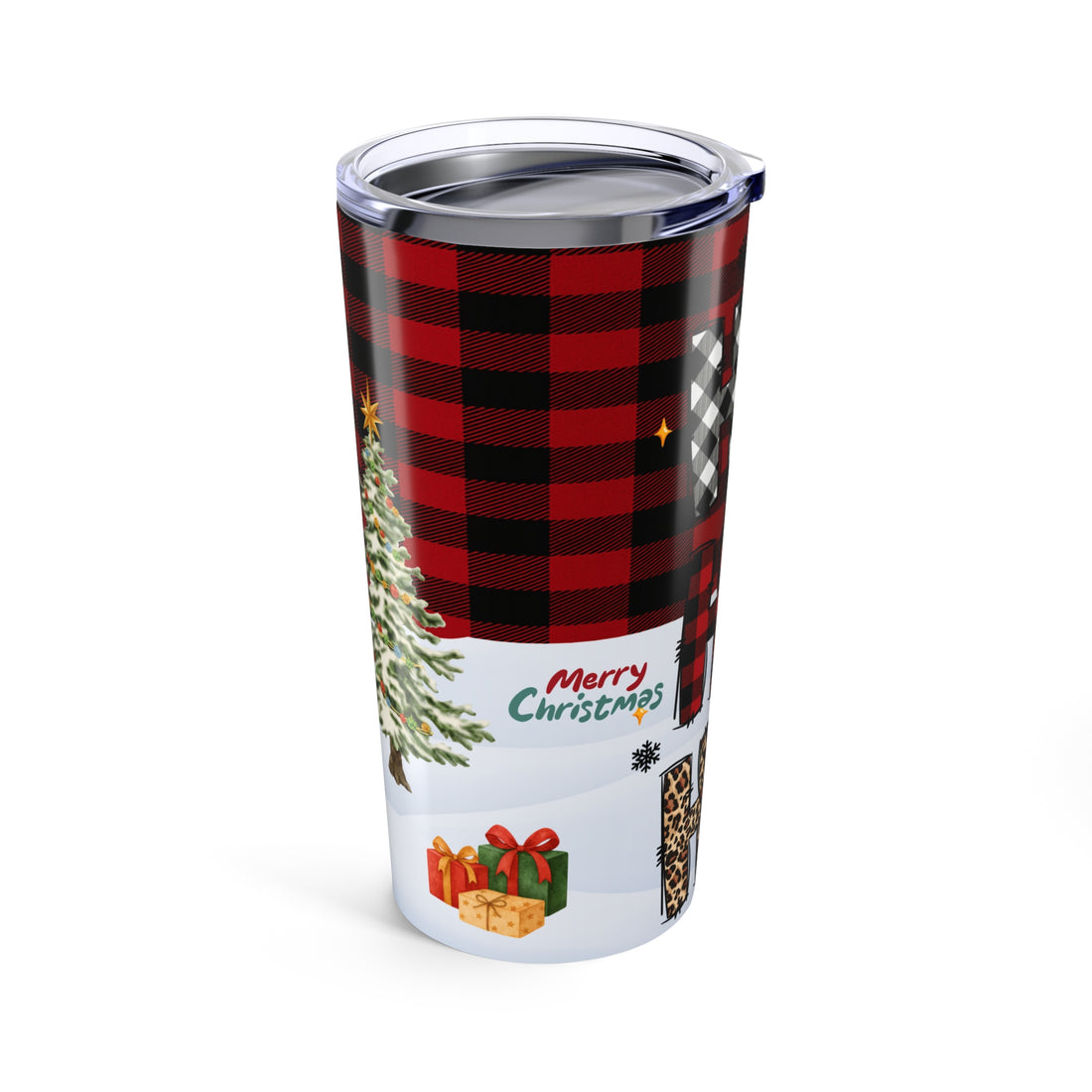 HO HO HO Christmas Tumbler 20oz • Cute Santa Reindeer Snowman Cup • Holiday Coffee Cup • Christmas Gift for Her • Buffalo Plaid Tumbler, Festive Drinkware