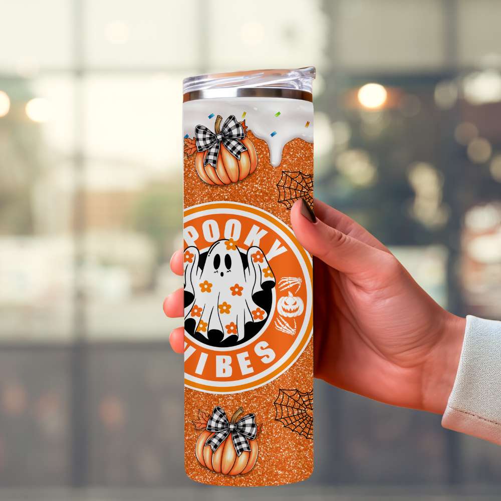 Spooky Vibes Halloween Pumpkin Skinny Tumbler with Straw, 20oz