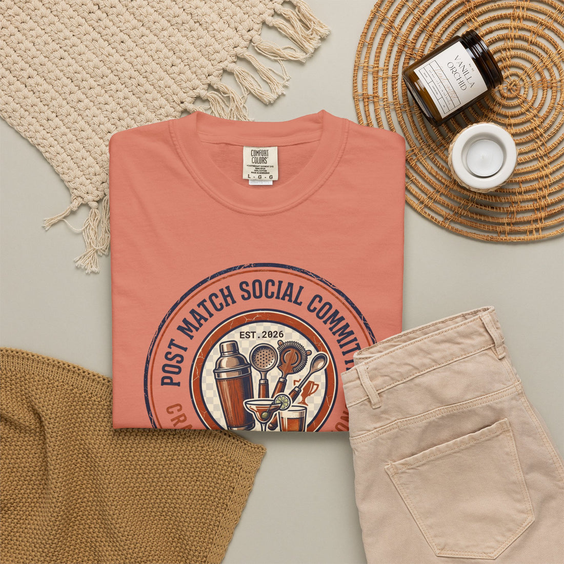 Post Match Social Committee – Comfort Colors Graphic Tee & Matching Dad Cap with Est. Group Year Personalization