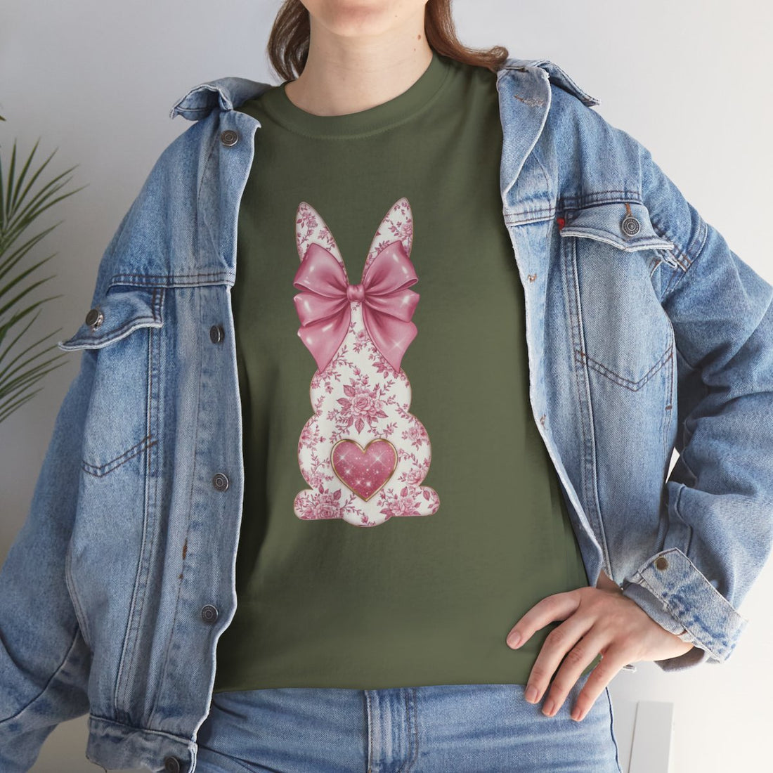 Floral Bunny Graphic Tee, Pink Bow Heart Design, Women's Cute Easter Shirt, Gildan 5000 Cotton, Spring Fashion Outfit, Gift for Her