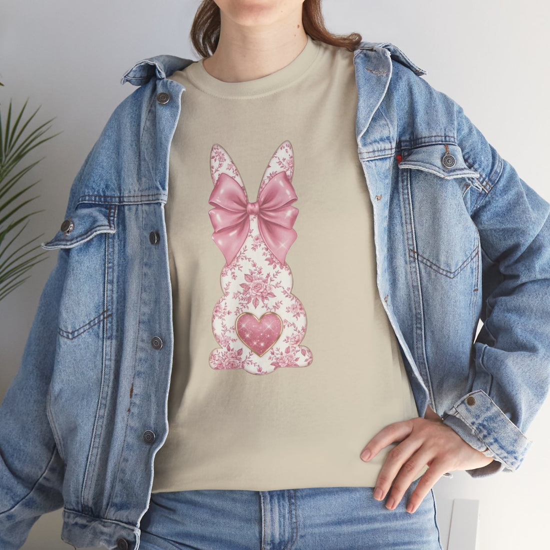 Floral Bunny Graphic Tee, Pink Bow Heart Design, Women's Cute Easter Shirt, Gildan 5000 Cotton, Spring Fashion Outfit, Gift for Her