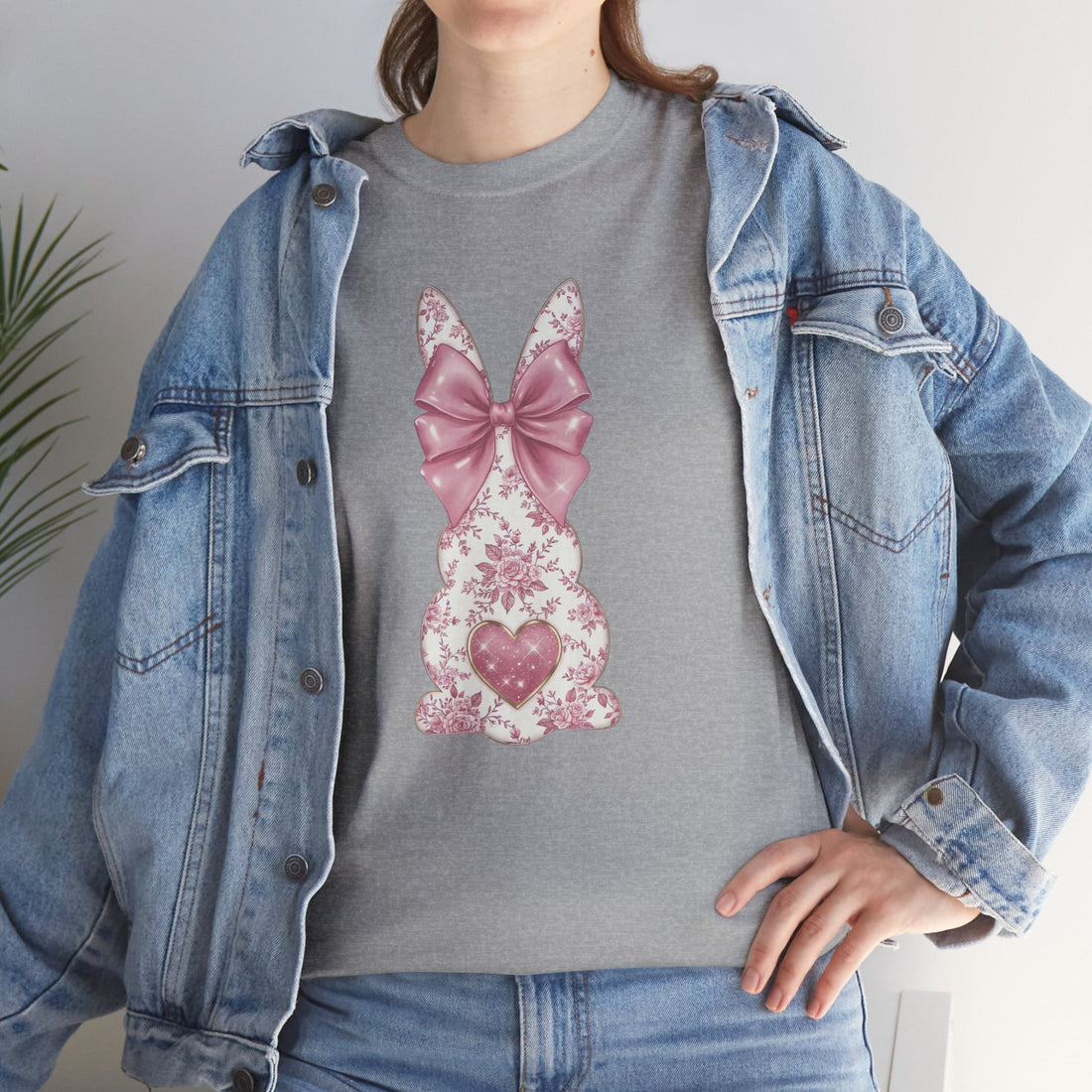 Floral Bunny Graphic Tee, Pink Bow Heart Design, Women's Cute Easter Shirt, Gildan 5000 Cotton, Spring Fashion Outfit, Gift for Her