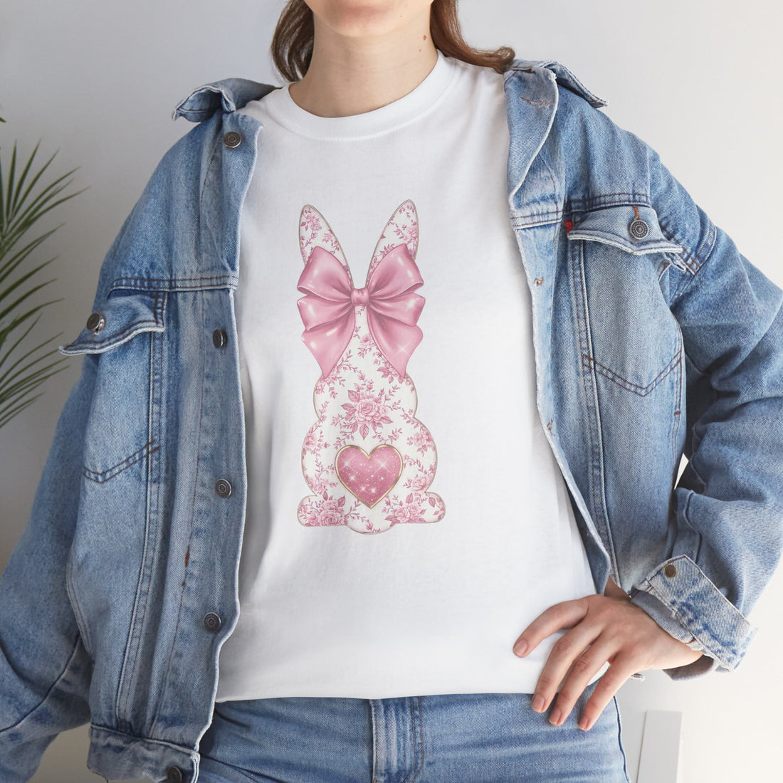 Floral Bunny Graphic Tee, Pink Bow Heart Design, Women's Cute Easter Shirt, Gildan 5000 Cotton, Spring Fashion Outfit, Gift for Her