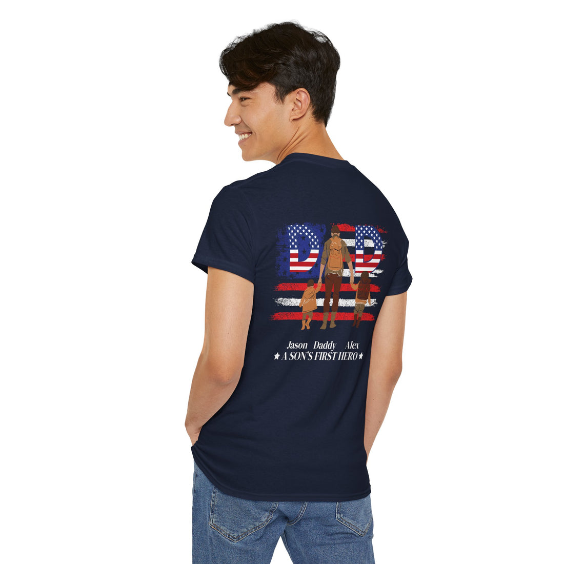 Personalized Dad Shirt, A Son’s First Hero T-Shirt, Custom Daddy Shirt with Kids Names, Father’s Day Gift for Dad, Patriotic Dad Tee