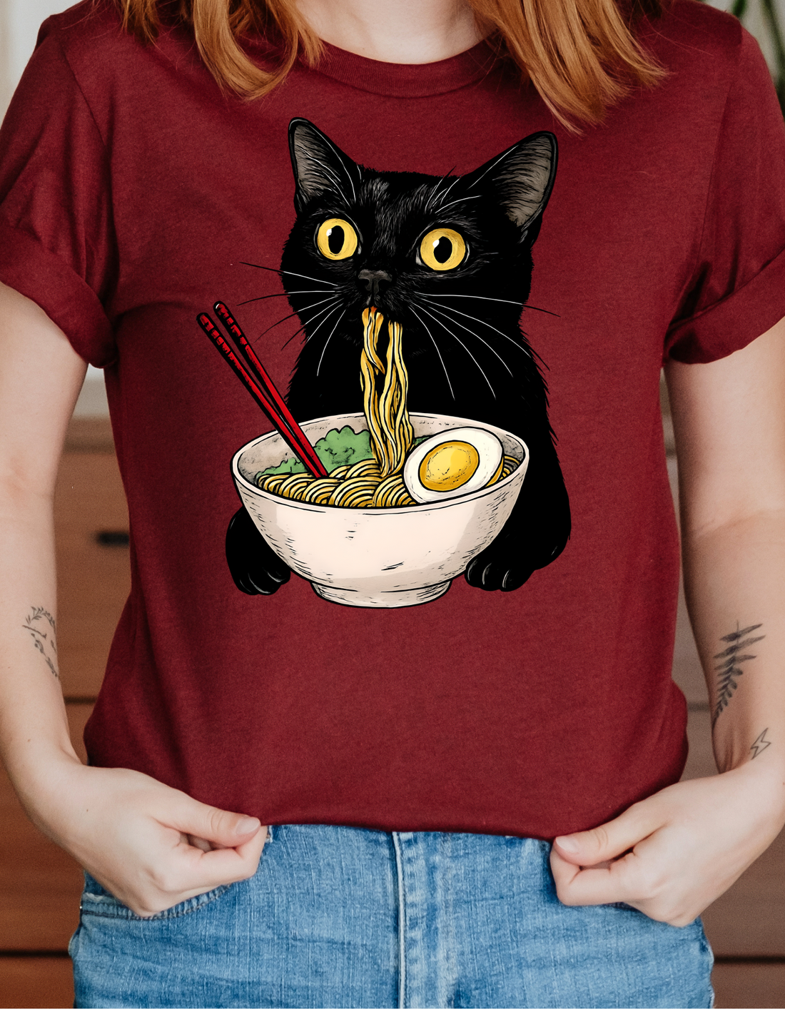 Noodle Cat Shirt, Ramen Cat T-Shirt, Foodie Lover Black Cat Noodle T-Shirts