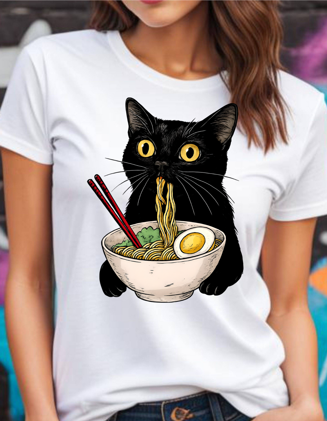 Noodle Cat Shirt, Ramen Cat T-Shirt, Foodie Lover Black Cat Noodle T-Shirts