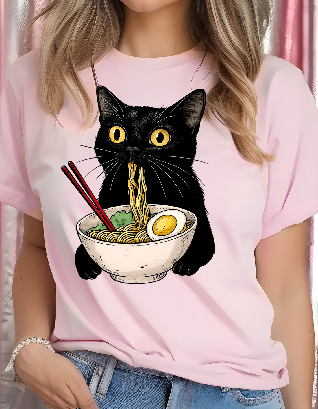 Noodle Cat Shirt, Ramen Cat T-Shirt, Foodie Lover Black Cat Noodle T-Shirts