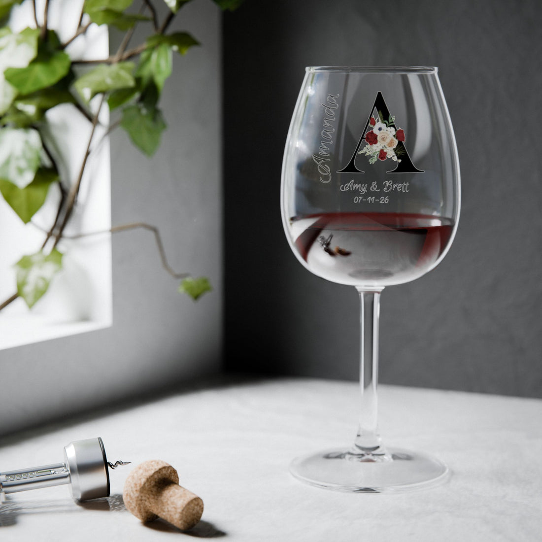 Personalized Wedding Wine Glass – Floral Monogram, Names & Date, Stemmed or Stemless 11.75oz