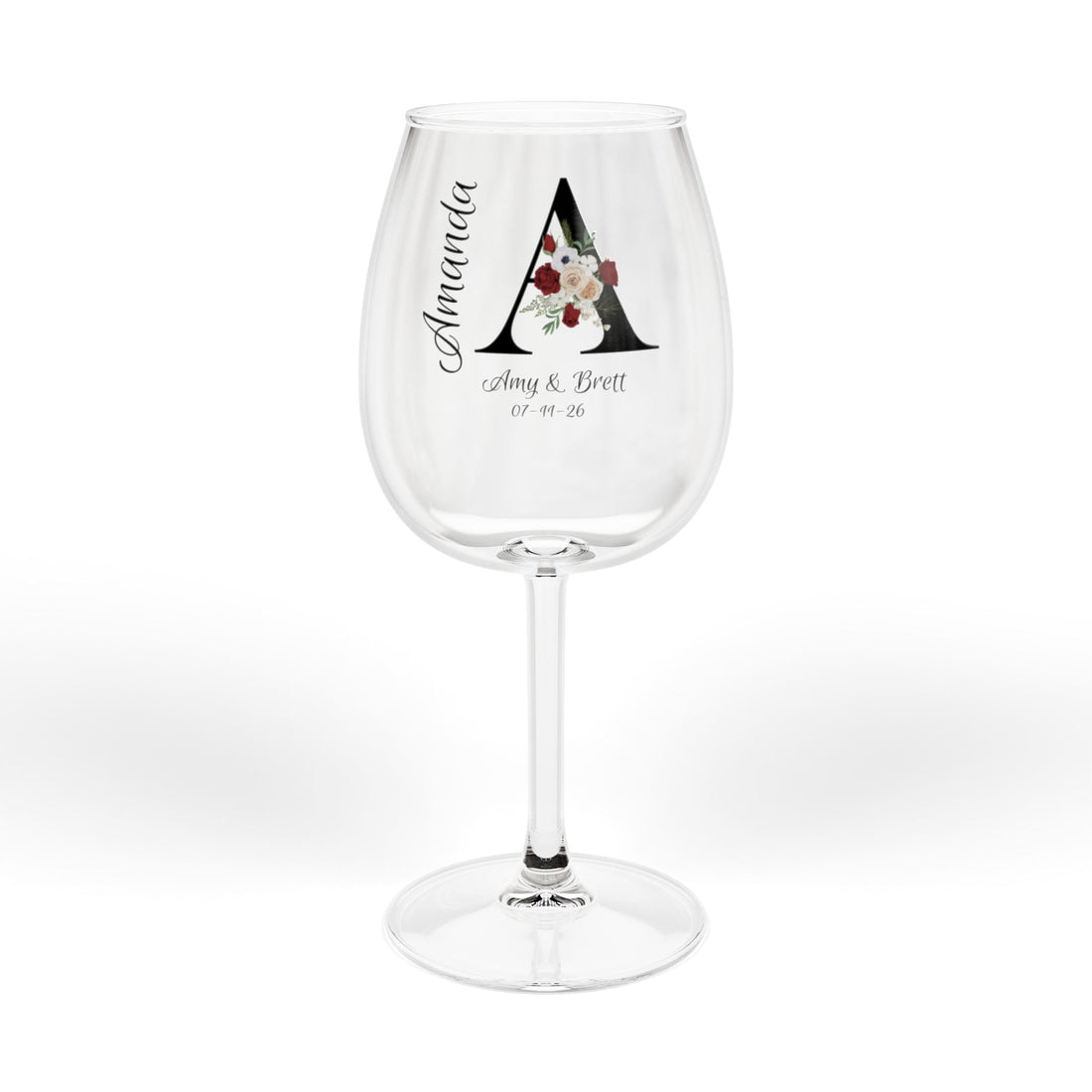 Personalized Wedding Wine Glass – Floral Monogram, Names & Date, Stemmed or Stemless 11.75oz